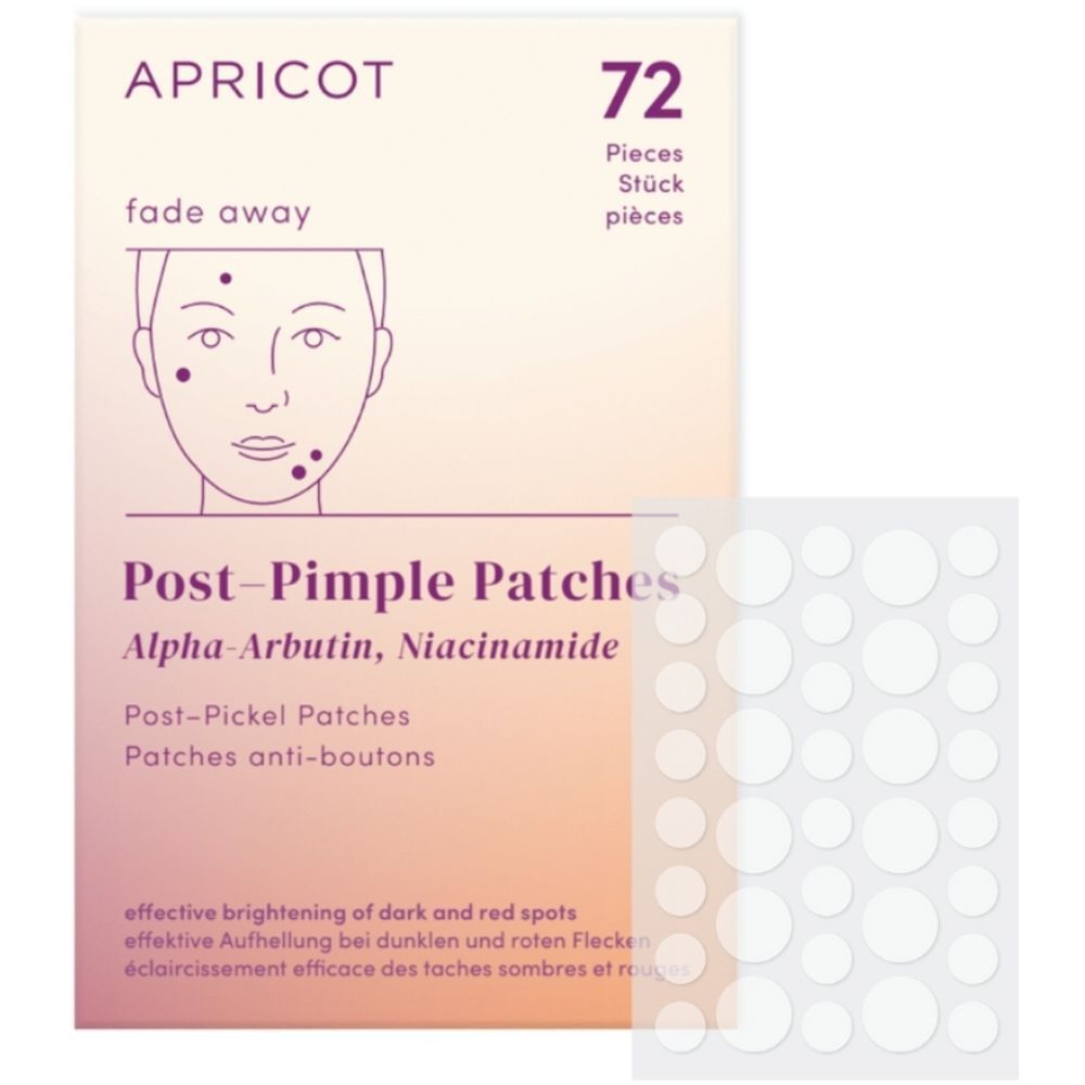 Boîte de 72 patchs post-boutons. Inscription : APRICOT, Post-Pimple Patches, Alpha-Arbutin, Niacinamide. Patchs individuels visibles.