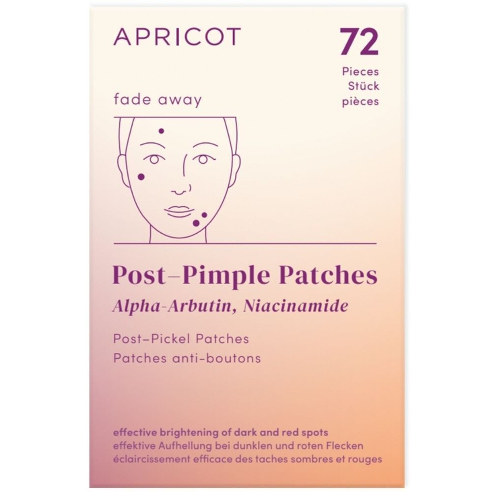 Boîte de 72 patchs post-boutons. Inscription : APRICOT, Post-Pimple Patches, Alpha-Arbutin, Niacinamide. Dégradé de couleurs.