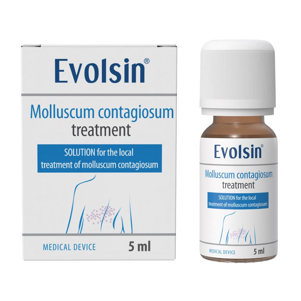 Verpakking en fles Evolsin® Molluscum contagiosum treatment, illustratie van laesies.