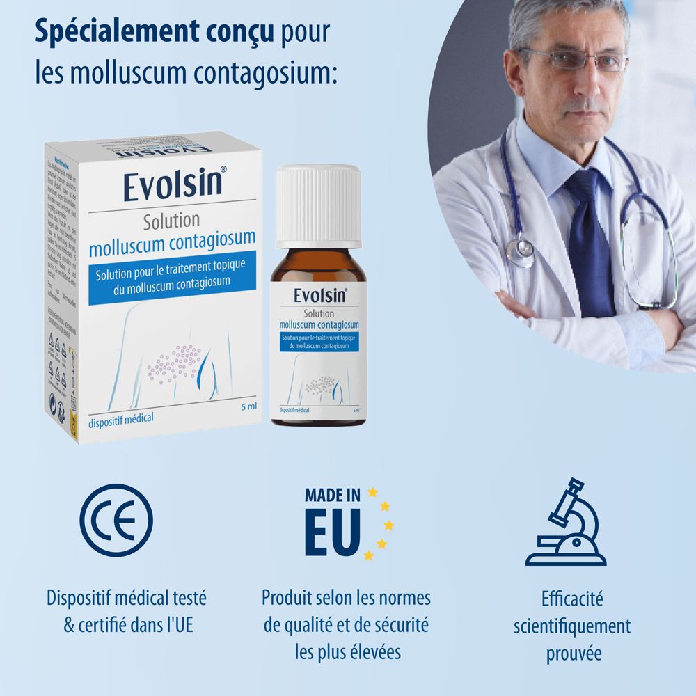 Emballage et flacon Evolsin® Solution molluscum contagiosum, illustration de lésions.