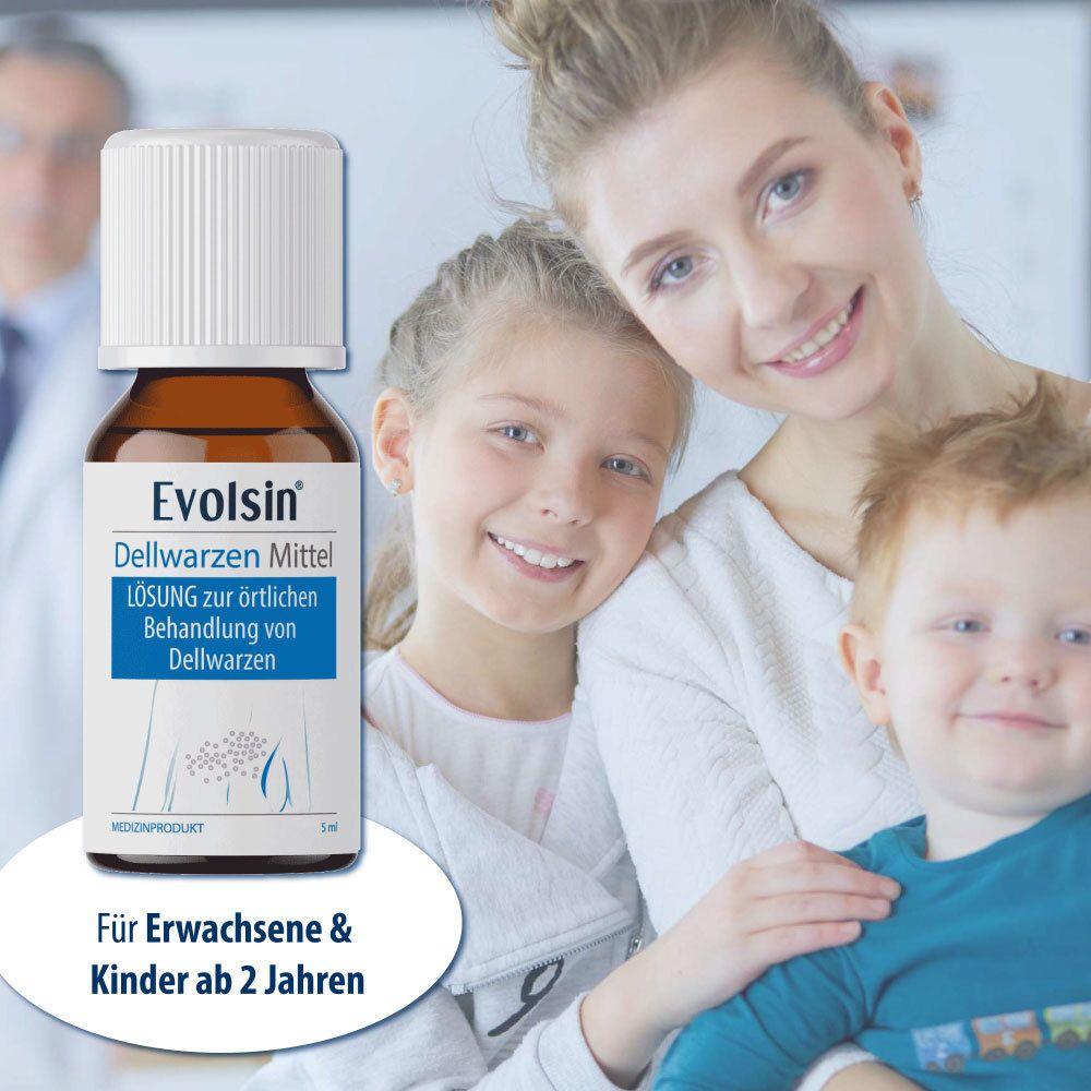 Productafbeelding met gezin. Evolsin Dellwarzen Mittel, fles. Voor volwassenen en kinderen vanaf 2 jaar.