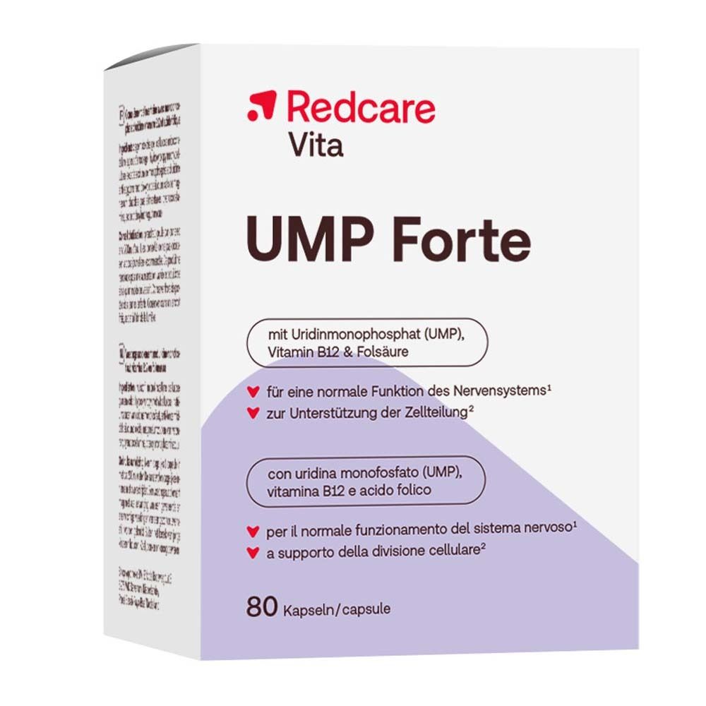 Doos Redcare Vita UMP Forte. Bevat 80 capsules. Opschrift: UMP Forte, met Uridine monofosfaat, Vitamine B12 & foliumzuur.