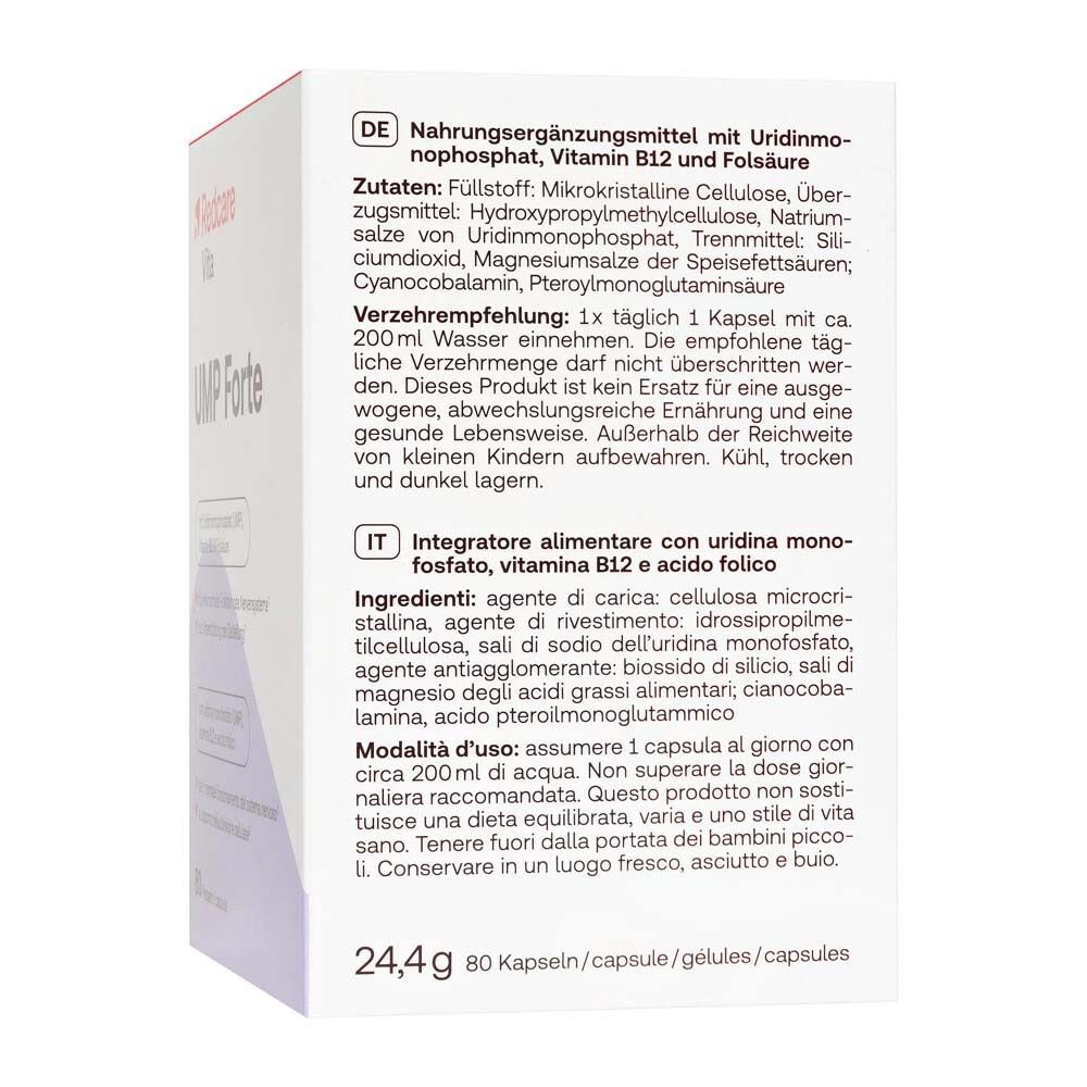 Dos de la boîte Redcare Vita UMP Forte. Contient des informations sur les ingrédients, le dosage et les valeurs nutritionnelles en allemand et italien.