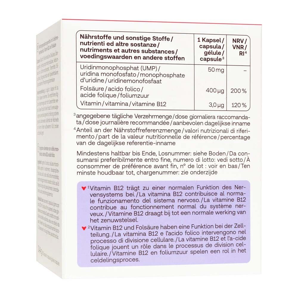 Dos de la boîte Redcare Vita UMP Forte. Contient un tableau nutritionnel et des informations sur la vitamine B12 en allemand et italien.