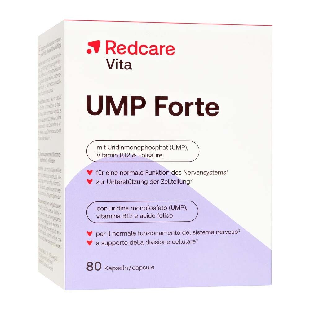 Redcare Vita UMP Forte verpakking. Bevat 80 capsules. Bevat Uridinemonofosfaat, vitamine B12 en foliumzuur.