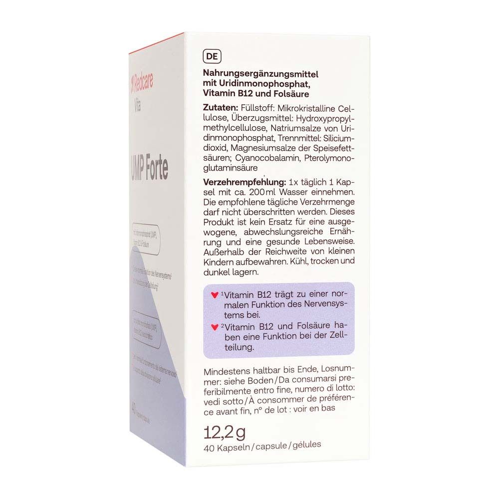Achterkant doos Redcare Vita UMP Forte. Bevat ingrediënten, dosering en waarschuwingen.