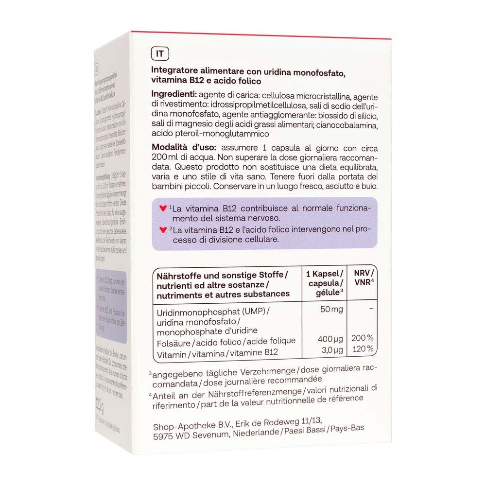 Achterkant doos Redcare Vita UMP Forte. Bevat ingrediënten, dosering en waarschuwingen.