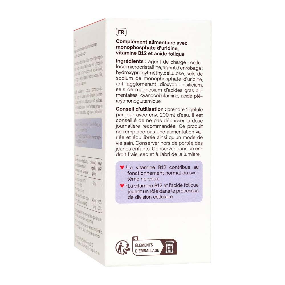 Achterkant doos Redcare Vita UMP Forte. Bevat ingrediënten, dosering en waarschuwingen.