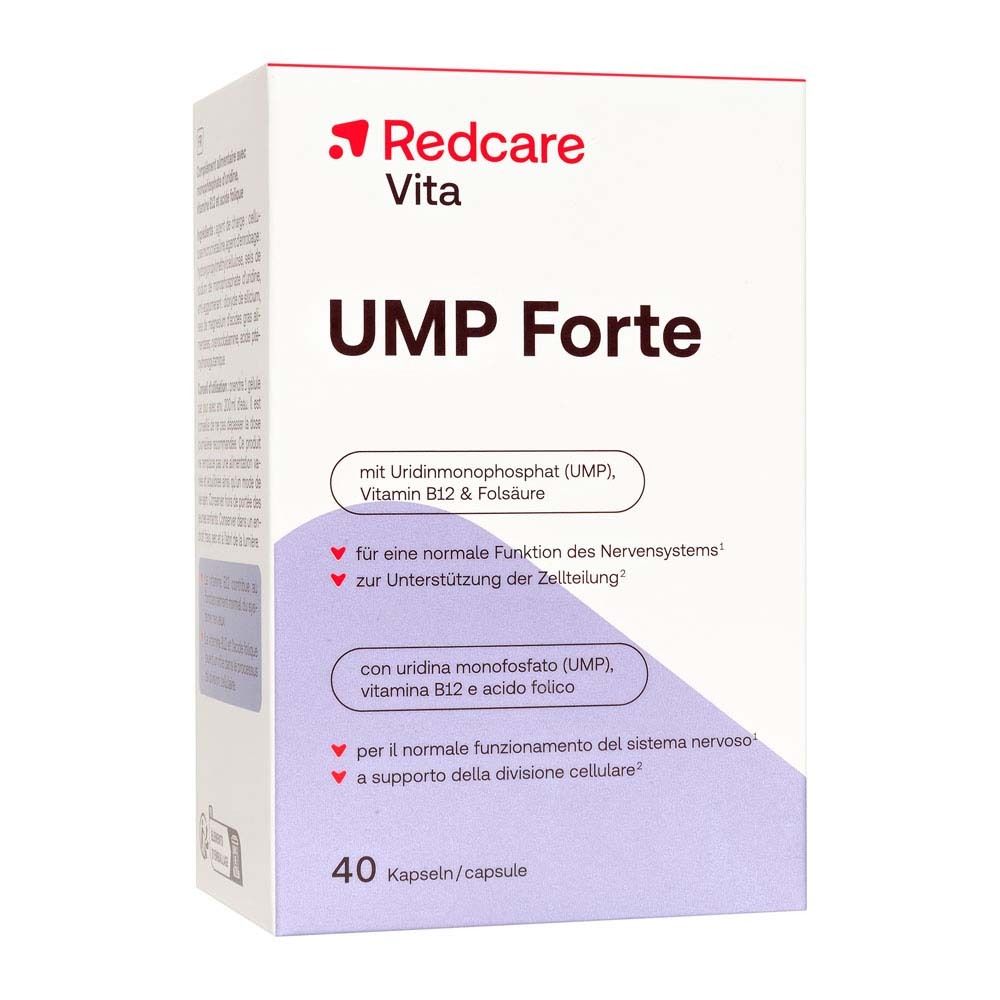 Doos Redcare Vita UMP Forte. Bevat UMP, vitamine B12 en foliumzuur. 40 capsules.