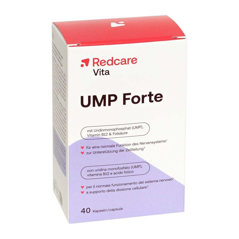 Doos Redcare Vita UMP Forte. Bevat UMP, vitamine B12 en foliumzuur. 40 capsules.