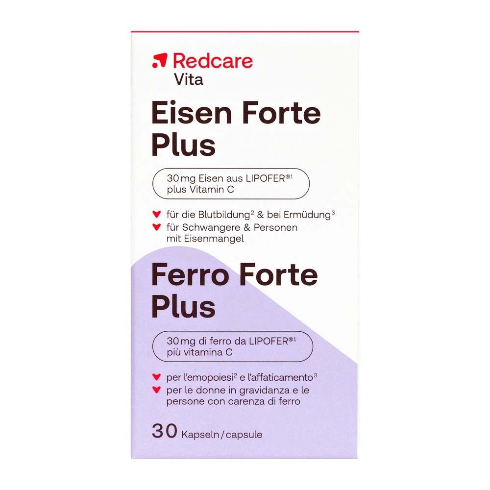 Boîte Redcare Eisen Forte Plus. Contient 30 gélules. Inscription: 30mg de fer plus vitamine C.