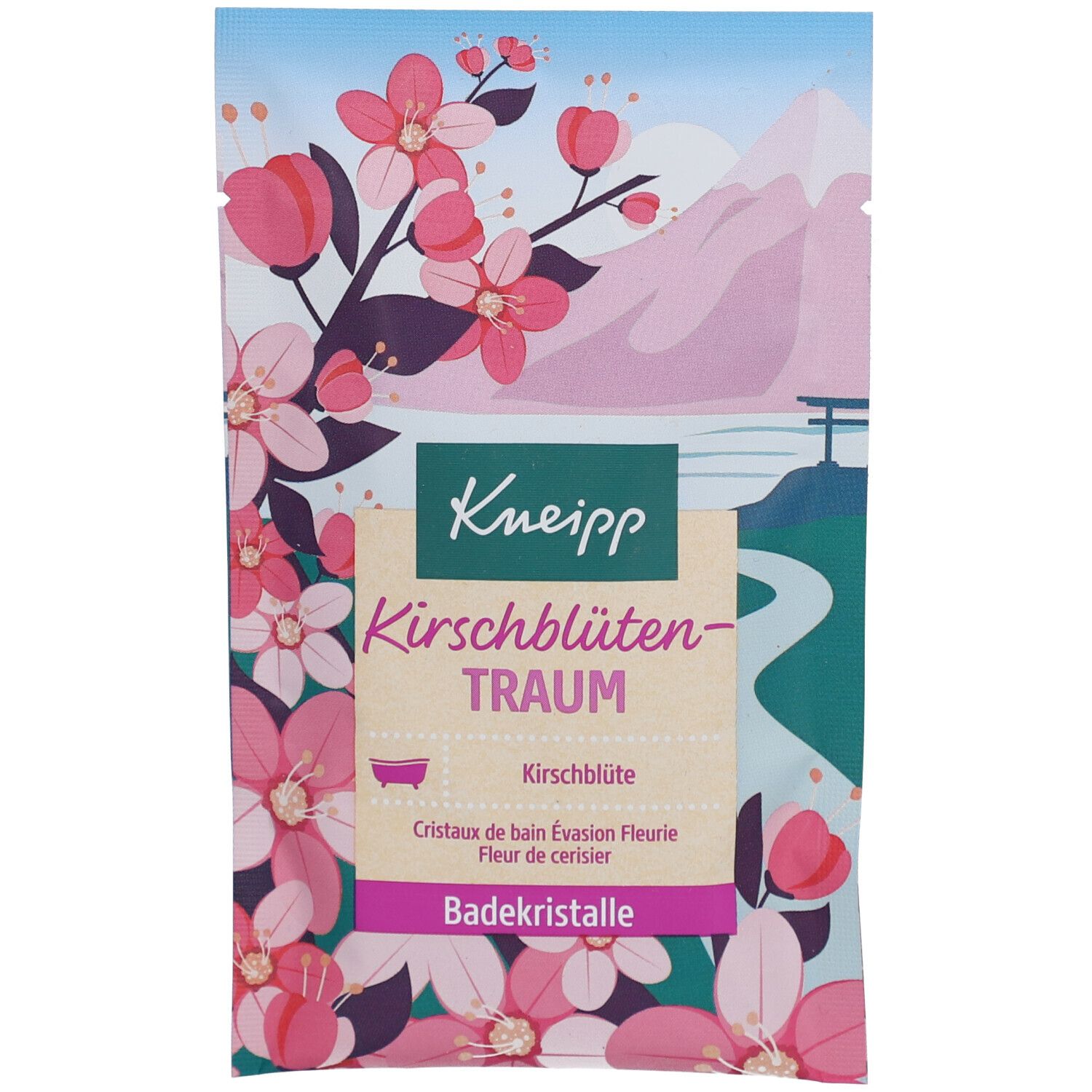 Cristaux de bain Kneipp Fleur de cerisier Évasion Fleurie avec fleur de cerisier sur emballage avec fleurs et motif de montagne.