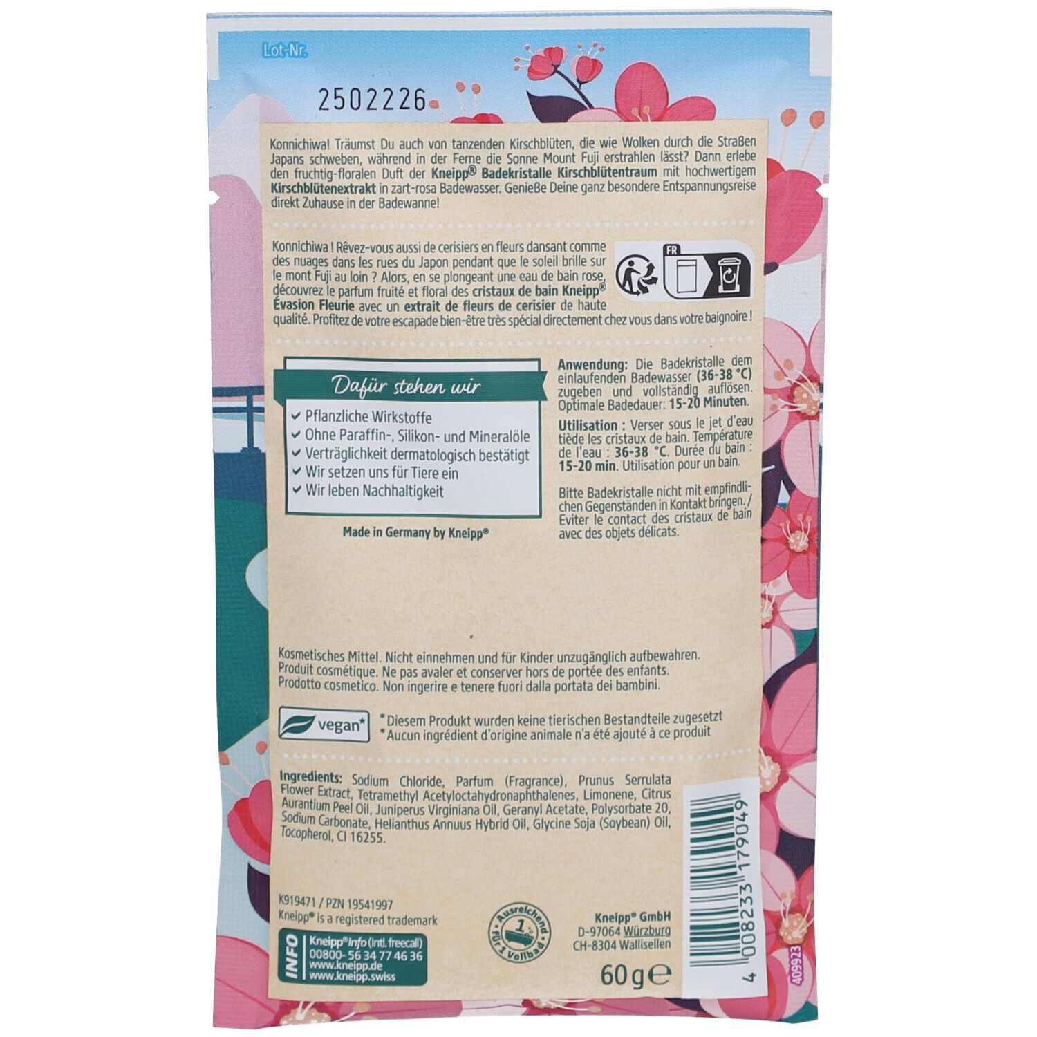 Cristaux de bain Kneipp Évasion Fleur de Cerisier 60g. Contient des ingrédients actifs végétaux. Vegan.