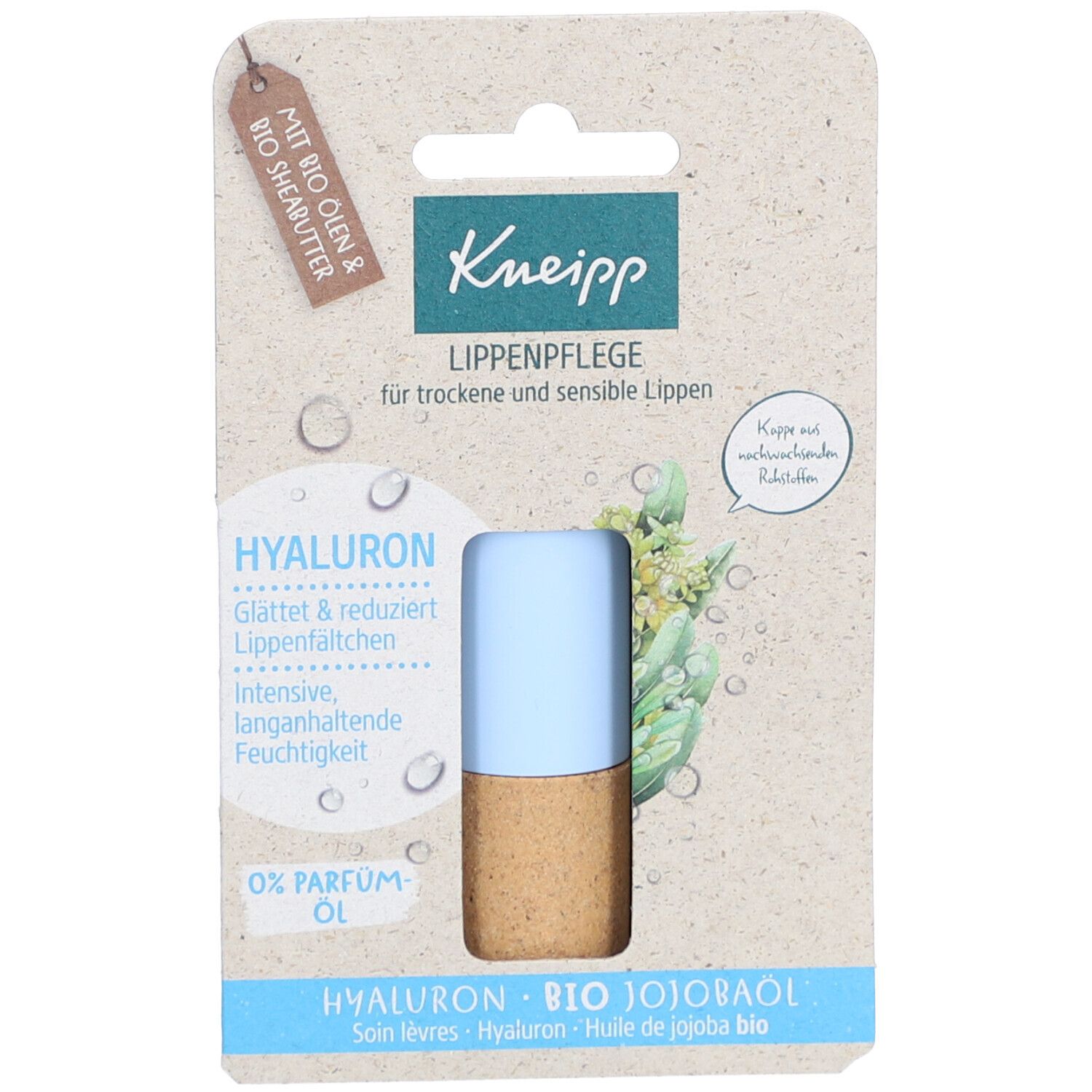 Soin des lèvres Kneipp à l'acide hyaluronique et à l'huile de jojoba bio. Bouchon bleu, stick brun doré. Pour lèvres sèches.