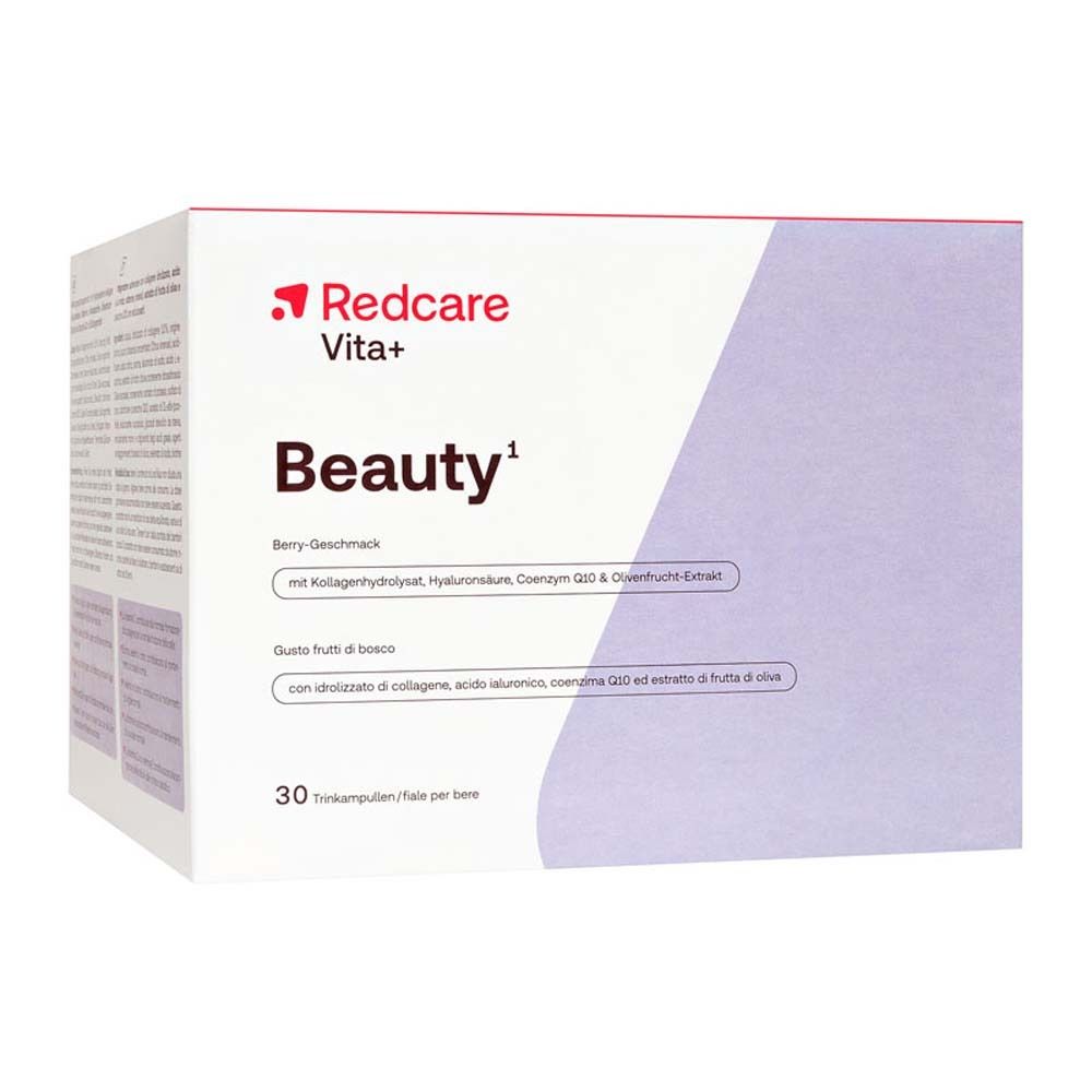 Verpakking Redcare Vita+ Beauty. Bevat 30 drinkampullen. Opschrift Beauty.