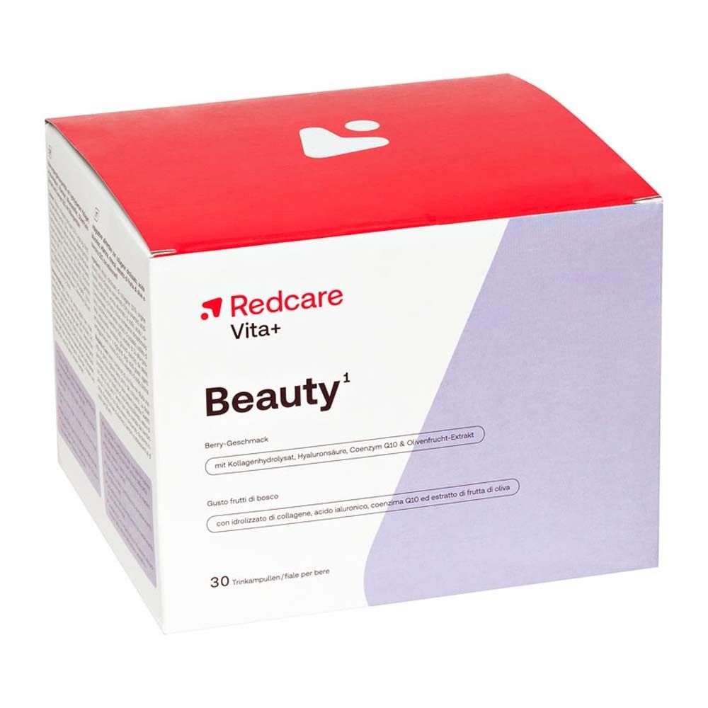 Verpakking Redcare Vita+ Beauty. Rode bovenkant. Bevat 30 drinkampullen. Opschrift Beauty.