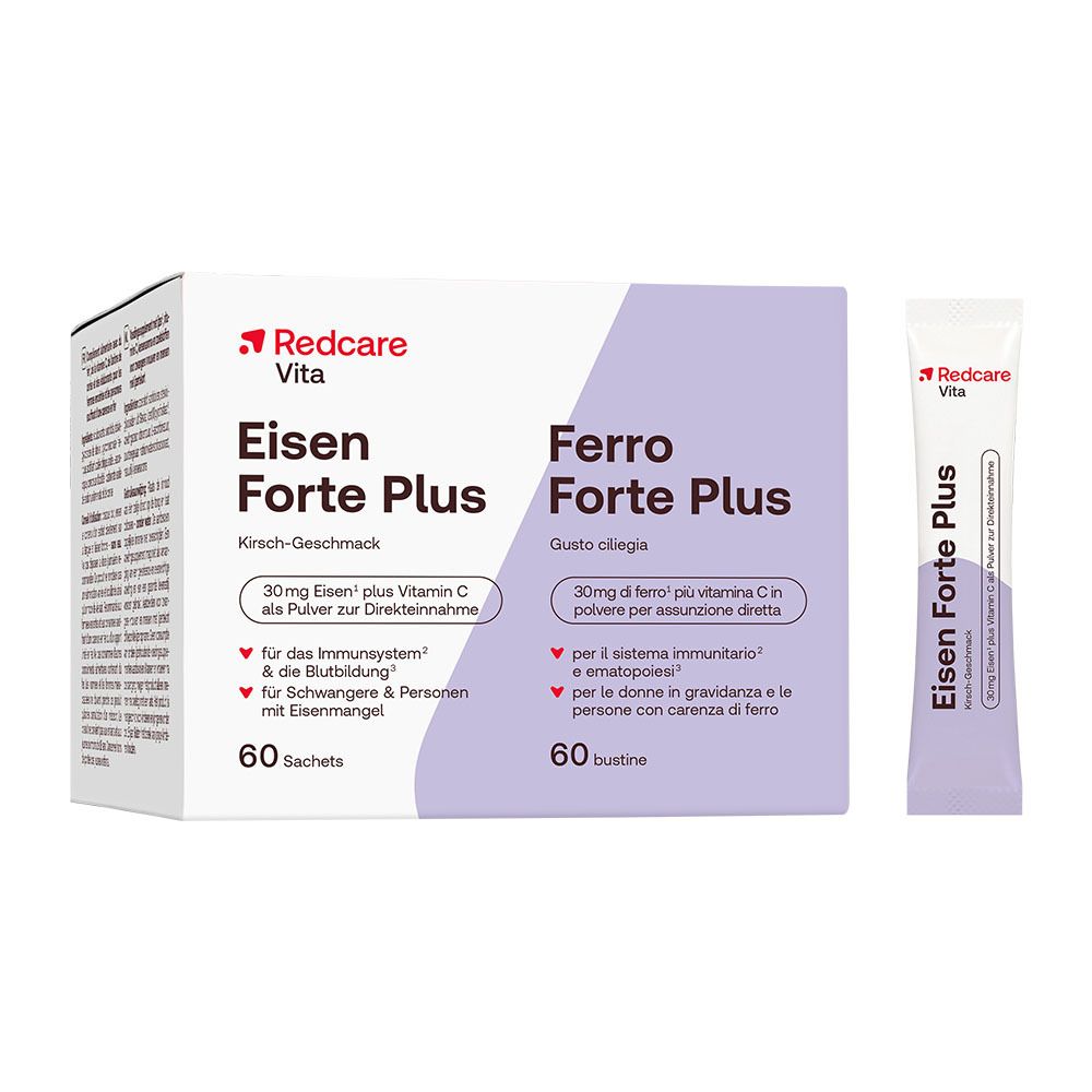 Paquet Redcare Vita Eisen Forte Plus avec sachet. Inscription: 30mg de fer plus vitamine C, goût cerise. 60 sachets.