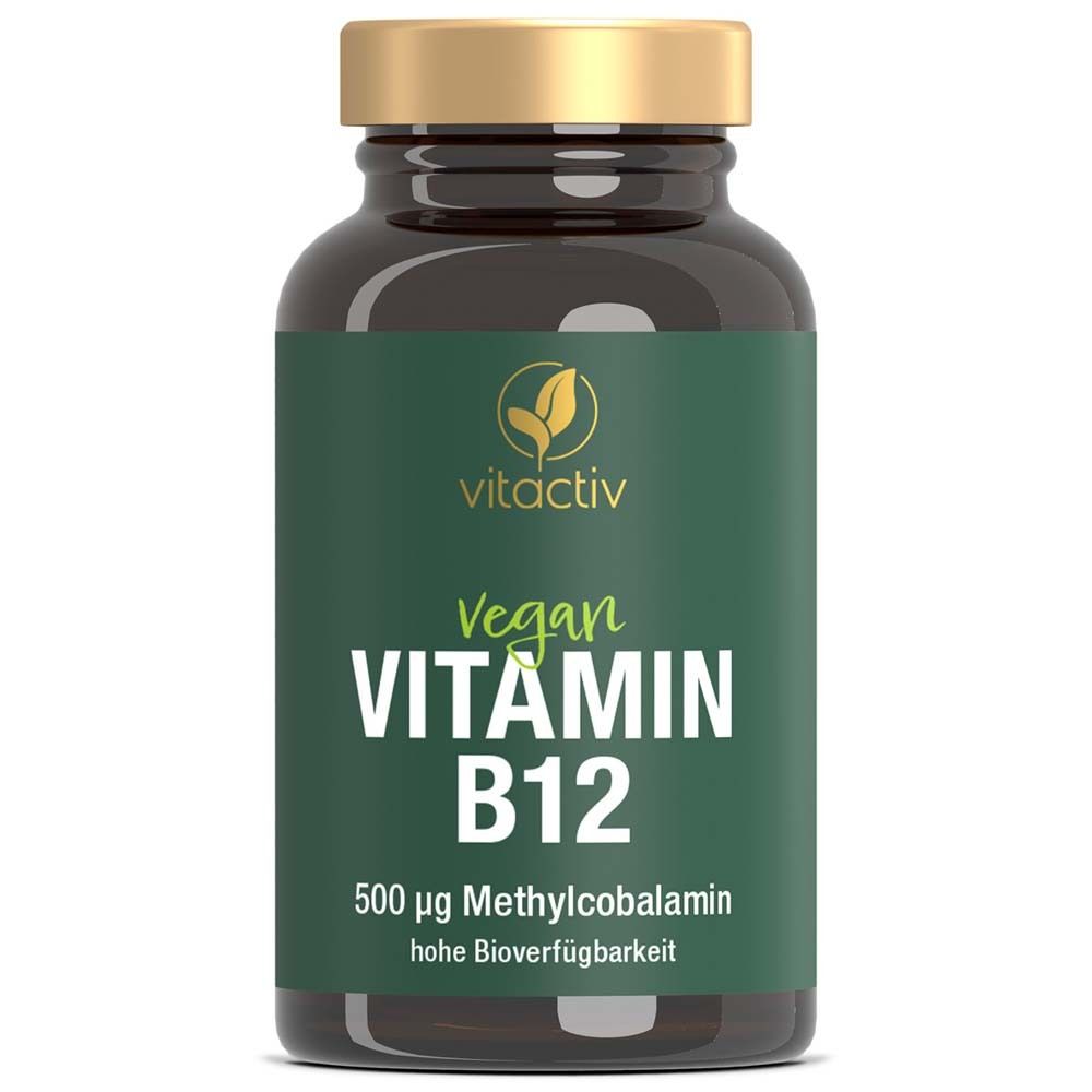 Flacon en verre brun foncé avec bouchon doré, étiquette avec logo vitactiv, Vitamine B12 végétalienne, 500 µg de méthylcobalamine et haute biodisponibilité.