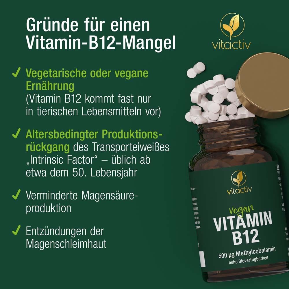 Flacon en verre brun foncé avec bouchon ouvert, rempli de comprimés blancs de Vitamine B12. À gauche : Raisons d'une carence en Vitamine B12.
