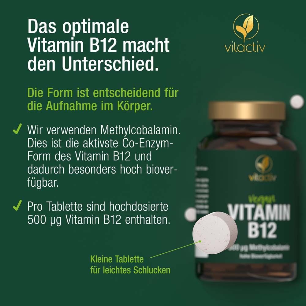 Gros plan d'un comprimé blanc de Vitamine B12 à côté d'un flacon en verre brun foncé. Le texte explique la méthylcobalamine et la haute biodisponibilité.