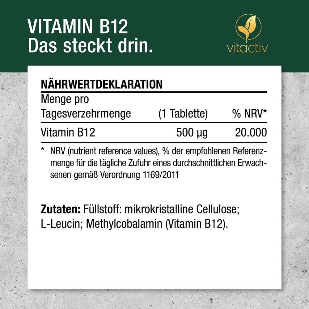 Extrait de l'étiquette de déclaration nutritionnelle : 500 µg de Vitamine B12 par comprimé, Ingrédients : Méthylcobalamine (Vitamine B12).