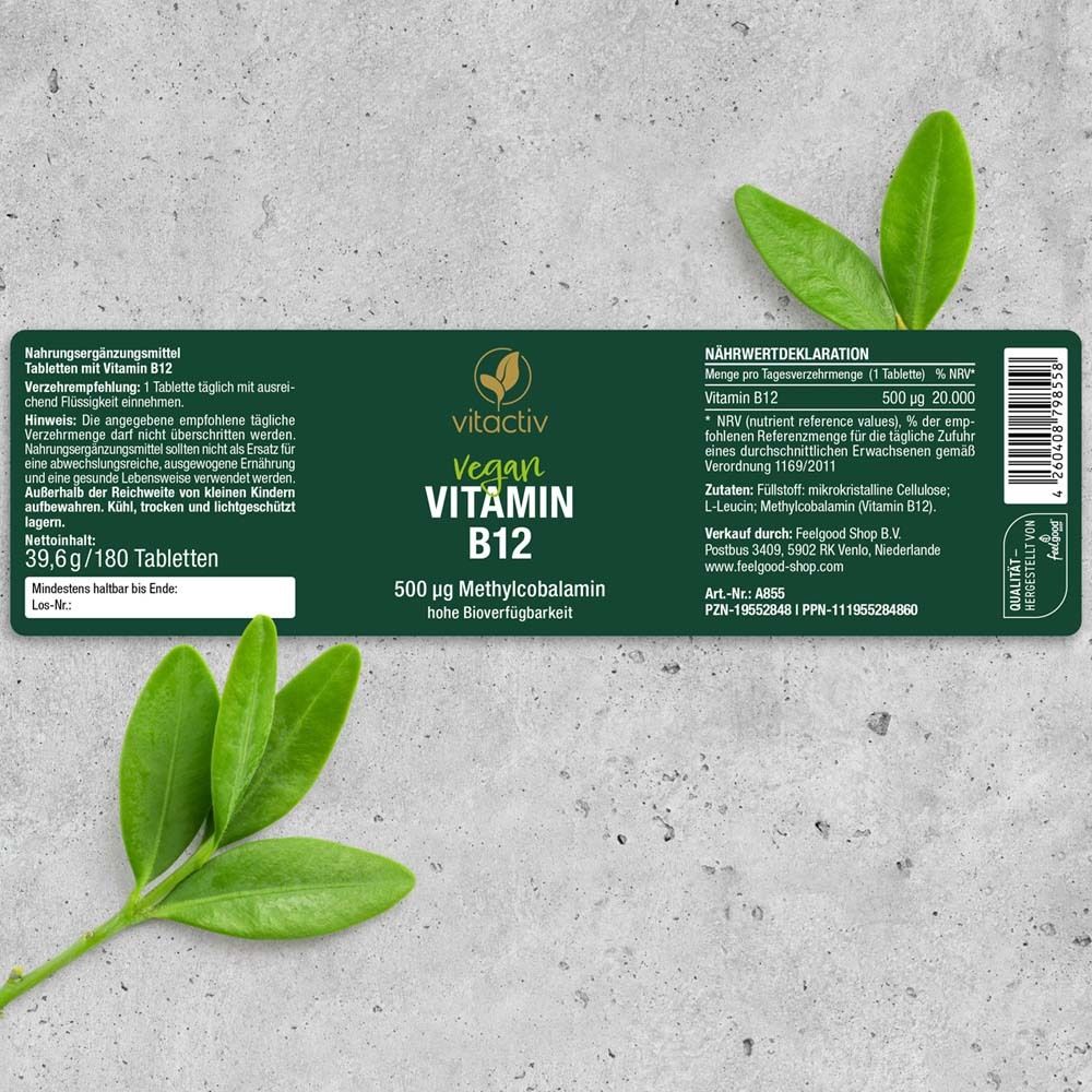 Étiquette d'une bouteille de Vitactiv Vitamine B12 Végétalienne, 500 µg de méthylcobalamine. Comprend les informations nutritionnelles, les ingrédients et le code-barres.