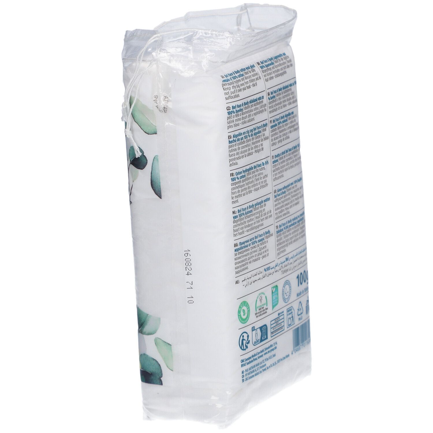 Wattenschijfjes verpakking schuin. Merk Bel, 'Cotton Pleats'. 100% katoen. 100g.