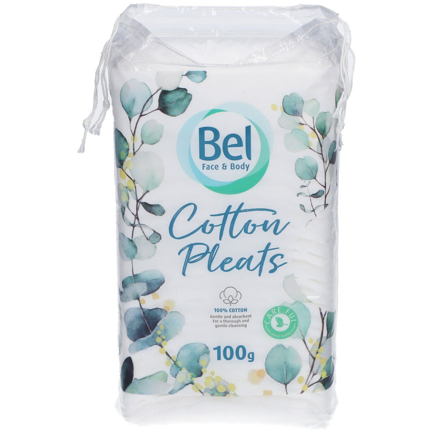 Verpakking Bel Face & Body wattenschijfjes. 'Cotton Pleats'. 100% katoen. 100g.