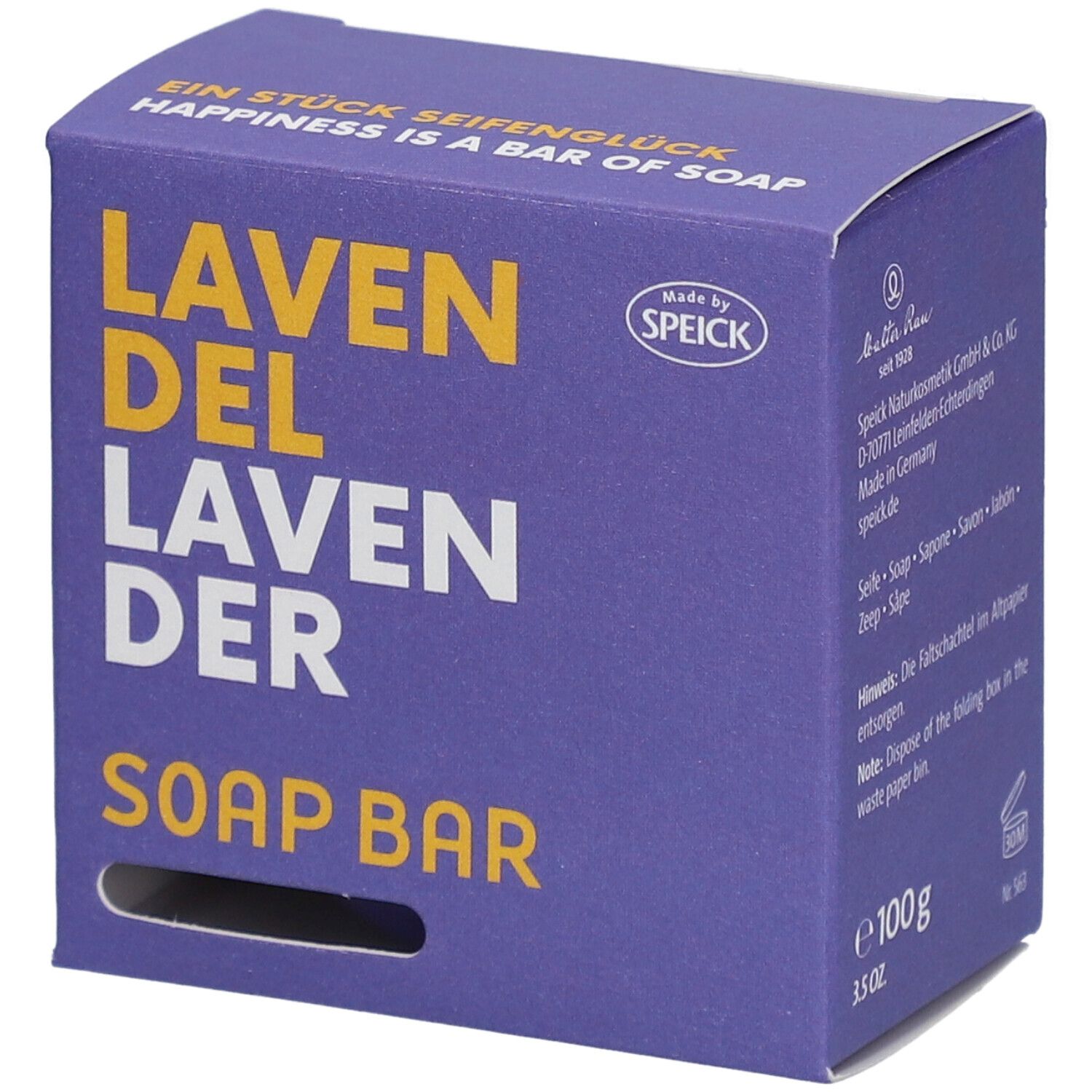 Paarse doos met "LAVENDEL" en "SOAP BAR". Merk: Speick. Gat voor vinger. 100g.