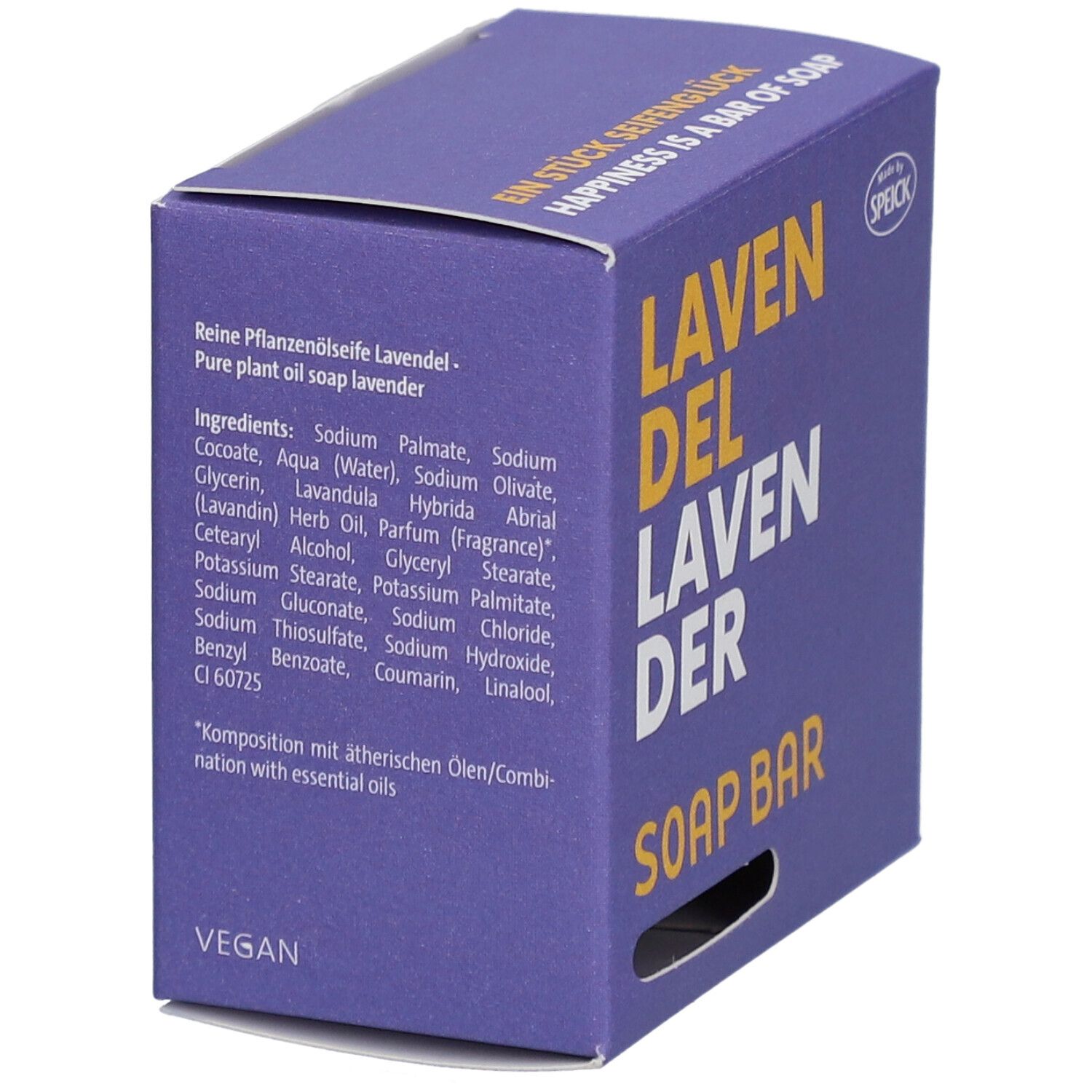 Doos met ingrediënten: Sodium Palmate, Lavandula Hybrida. Vegan. Paarse achtergrond. Merk: Speick.