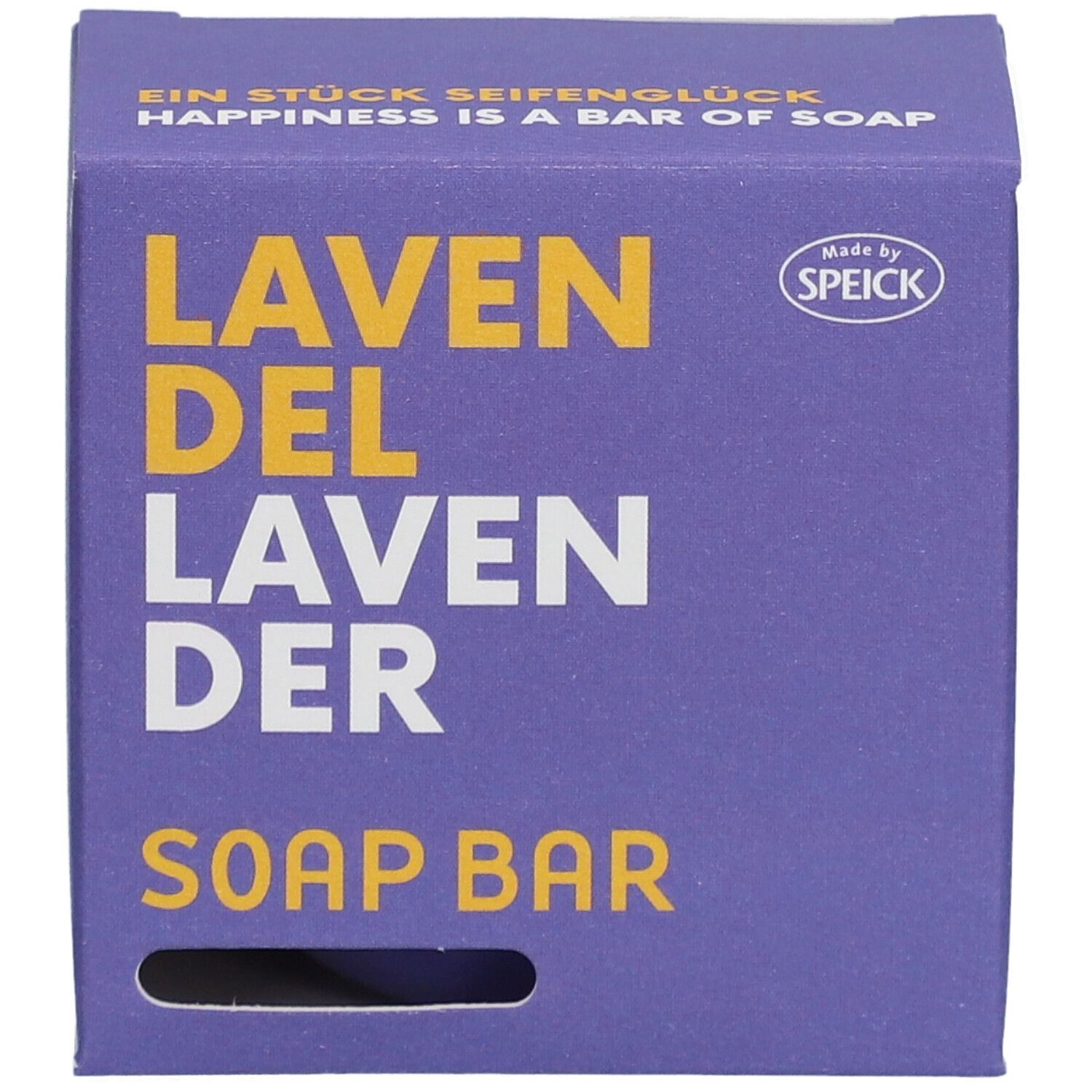 Paarse doos met "LAVENDEL" en "SOAP BAR". Merk: Speick. Gat voor vinger.