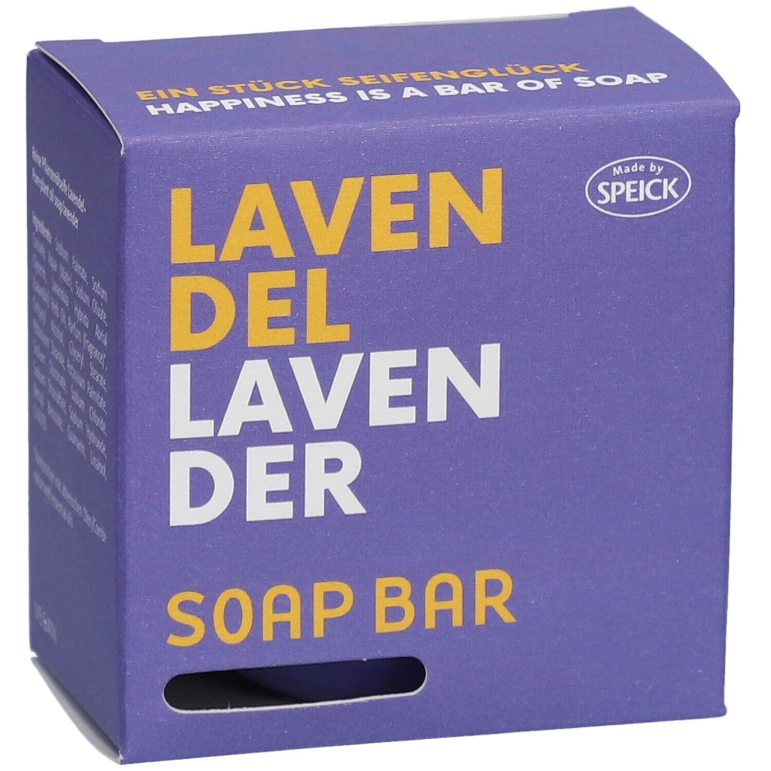 Paarse doos met "LAVENDEL" en "SOAP BAR". Merk: Speick. Gat voor vinger.