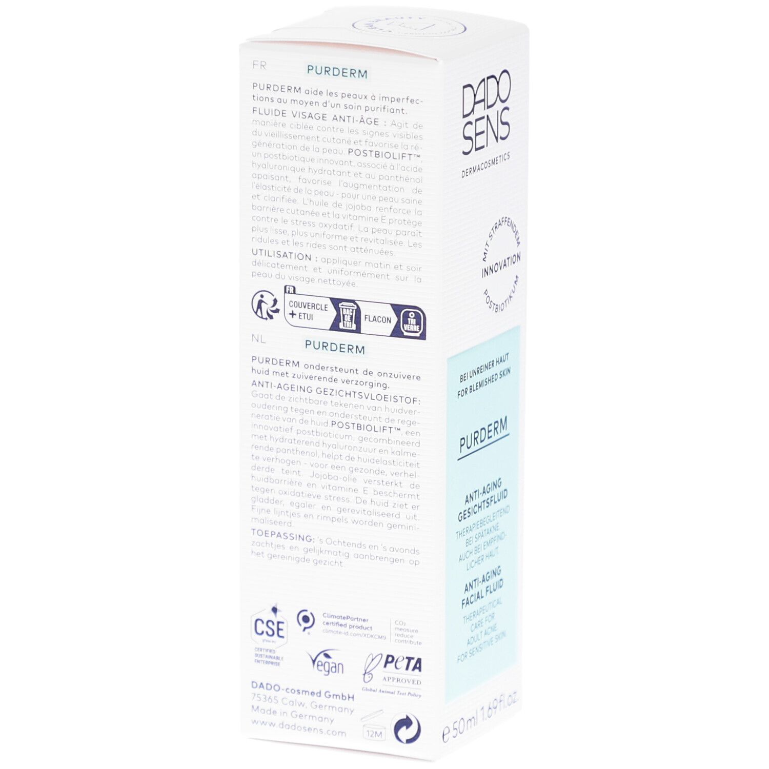 Dos de l'emballage du produit. Texte: PUDERM Fluide Visage Anti-Âge. Informations sur les ingrédients et l'utilisation. Certifications.