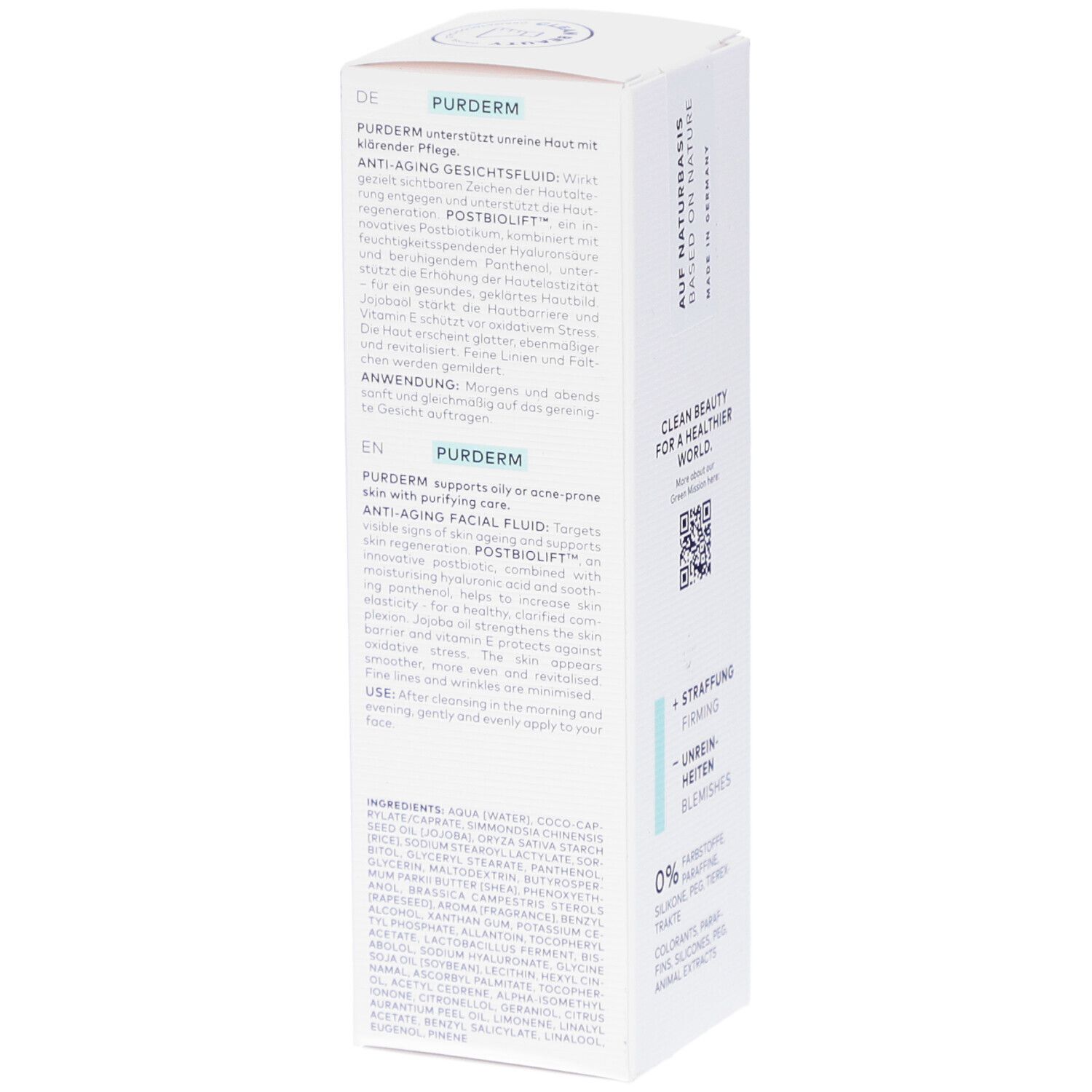 Emballage du produit avec texte: PUDERM Fluide Visage Anti-Âge. Description des ingrédients et de l'utilisation. QR code.