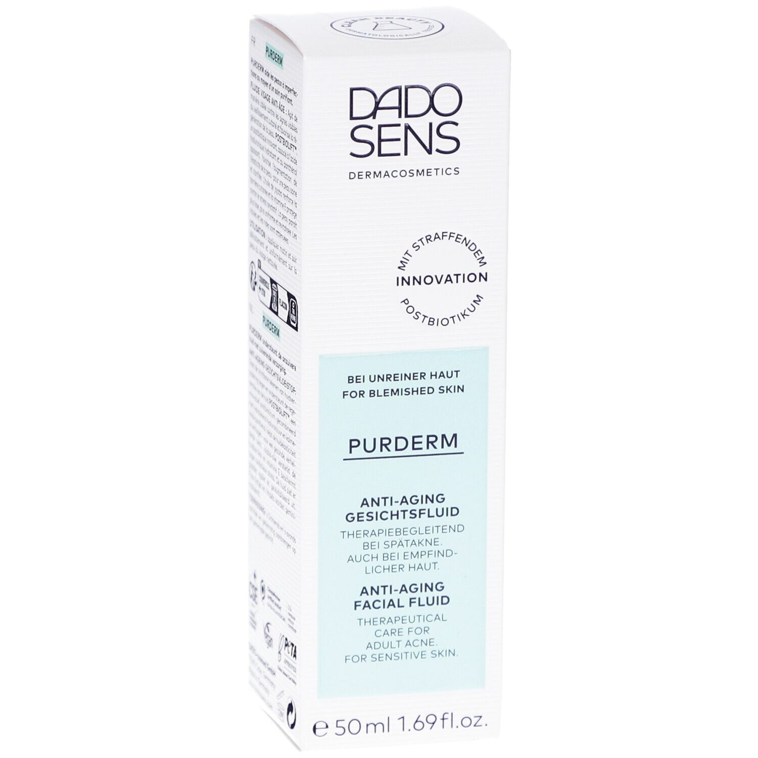 Emballage du produit, face avant. Logo DADO SENS. Texte: PUDERM Fluide Visage Anti-Âge. Pour peau à problèmes. 50ml.