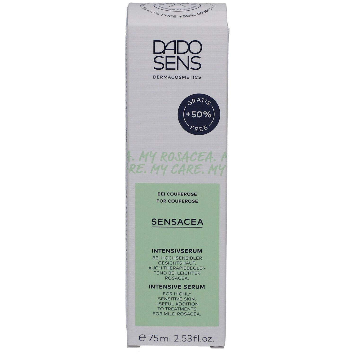 Emballage blanc avec accents verts pour DADO SENS® SENSACEA. Texte: Gratis +50% Free, SENSACEA, Sérum Intensif. Contient 75ml.
