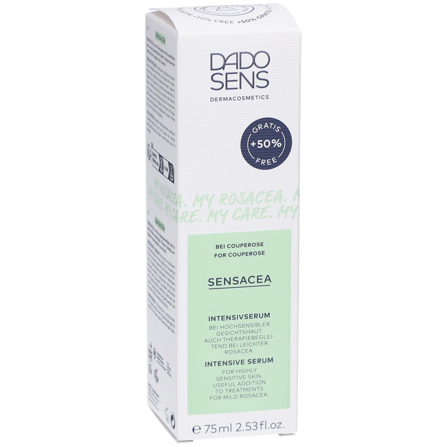 Emballage blanc avec accents verts pour DADO SENS® SENSACEA. Texte: Gratis +50% Free, SENSACEA, Sérum Intensif. Contient 75ml.