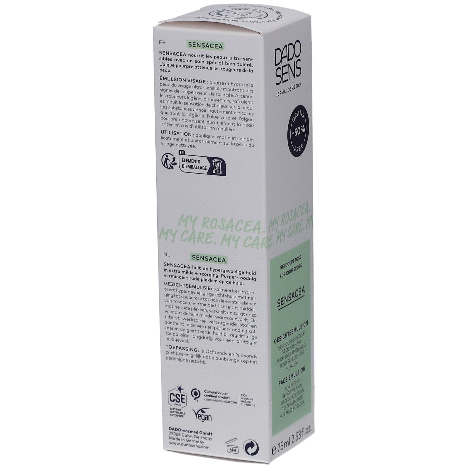 Emballage de l'émulsion visage DADO SENS SENSACEA. Texte : SENSACEA, Emulsion visage, 75ml. Dos avec texte multilingue.