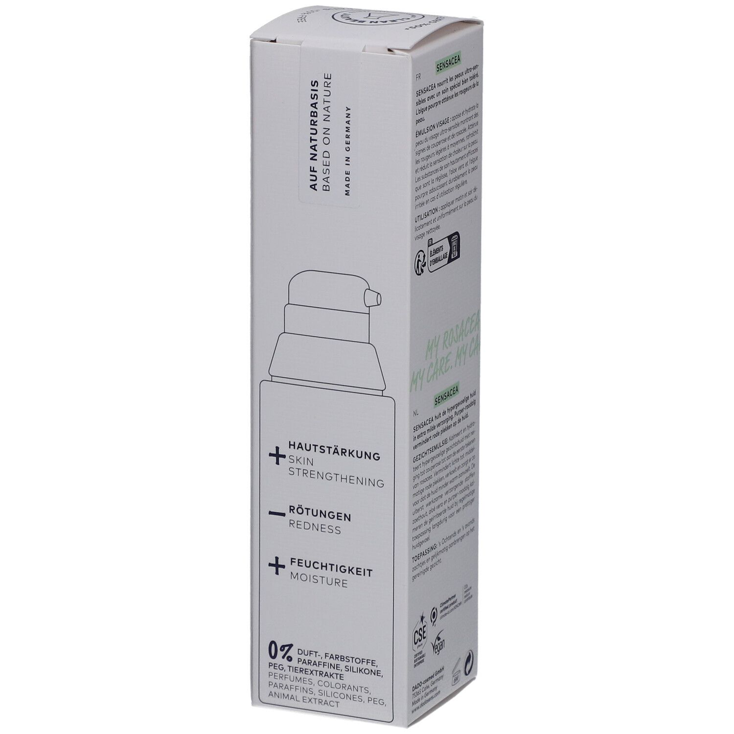 Emballage de l'émulsion visage DADO SENS SENSACEA. Côté avec informations produit. Texte : Renforcement de la peau, Rougeurs, Hydratation.