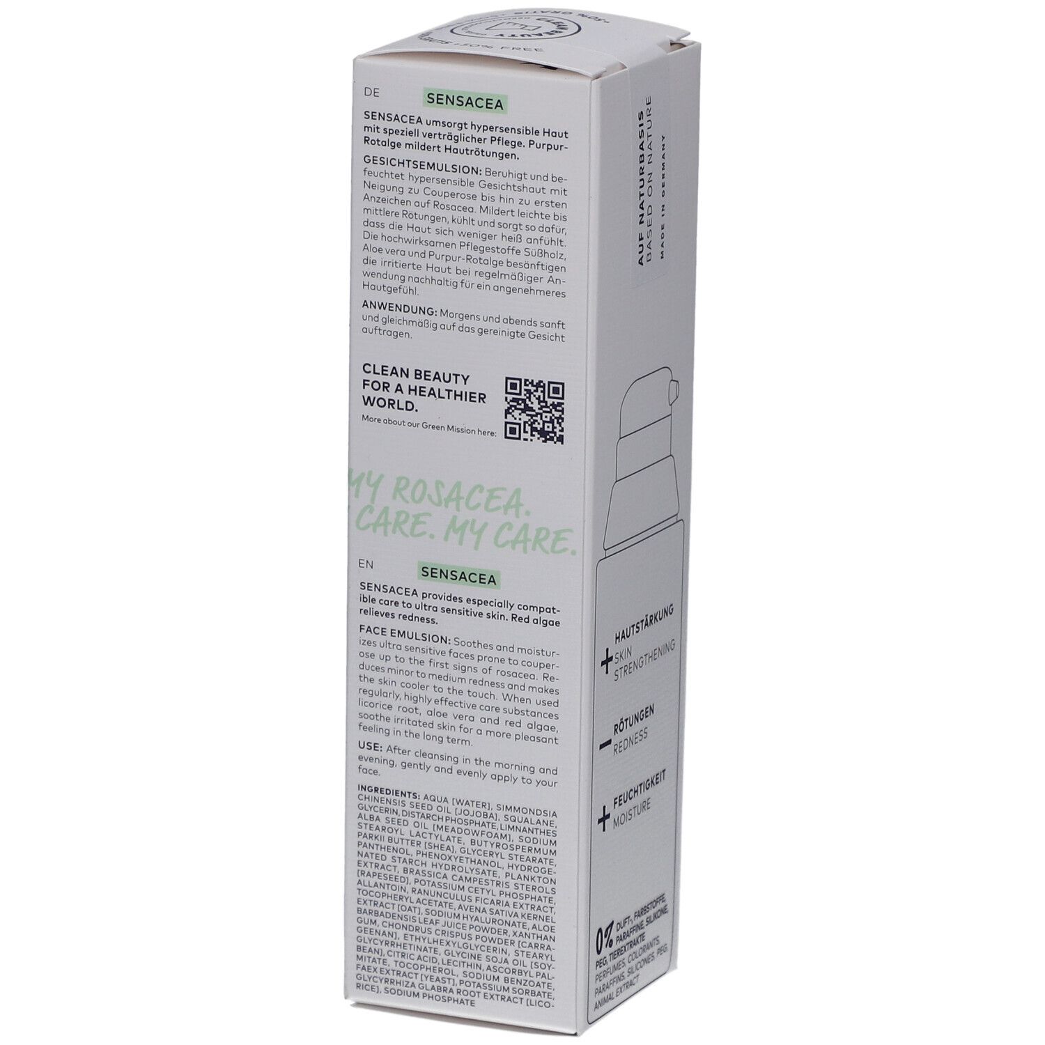 Emballage de l'émulsion visage DADO SENS SENSACEA. Côté avec informations produit et ingrédients. Texte : SENSACEA, Emulsion visage.