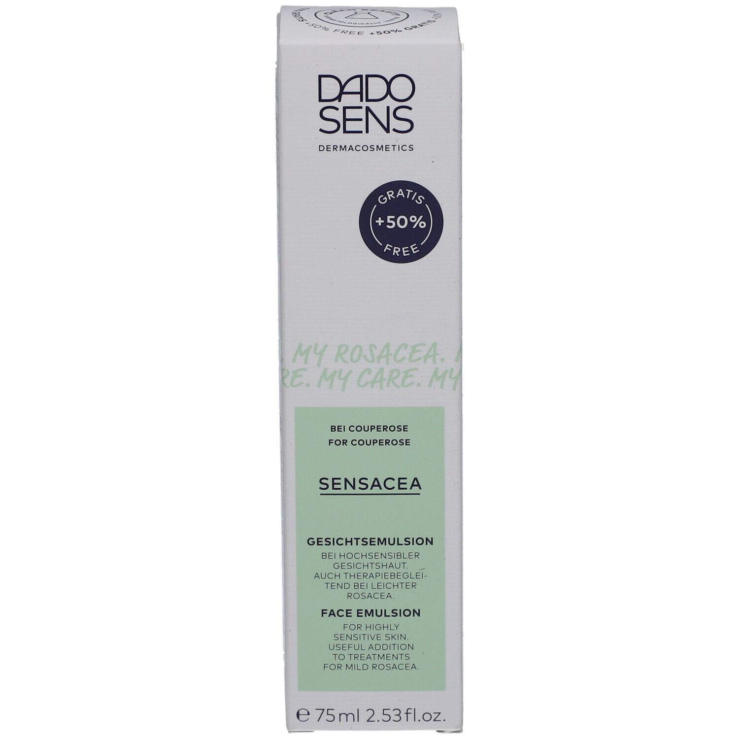 Emulsion visage DADO SENS SENSACEA. Emballage blanc avec détails verts. Inscription : +50% GRATUIT, SENSACEA, Emulsion visage.