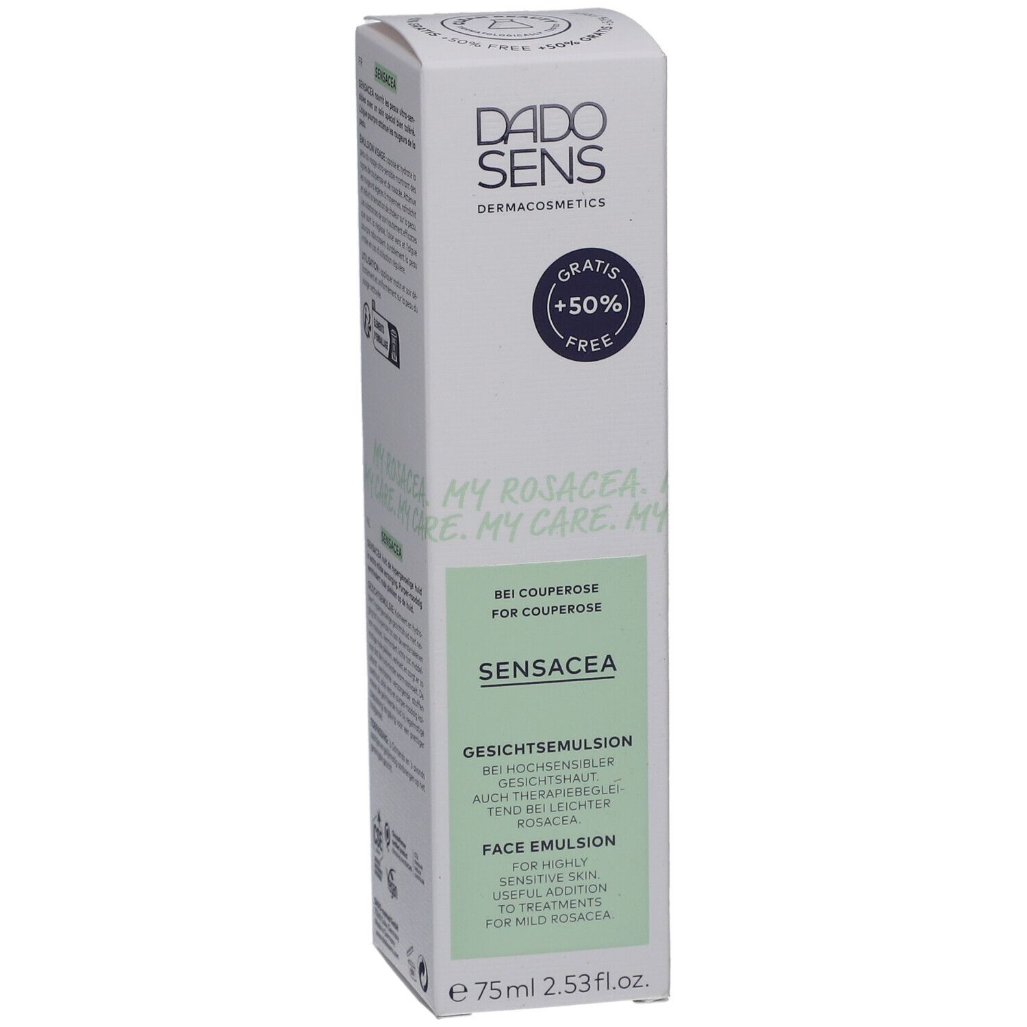 Emulsion visage DADO SENS SENSACEA. Emballage blanc avec détails verts. Inscription : +50% GRATUIT, SENSACEA, Emulsion visage.
