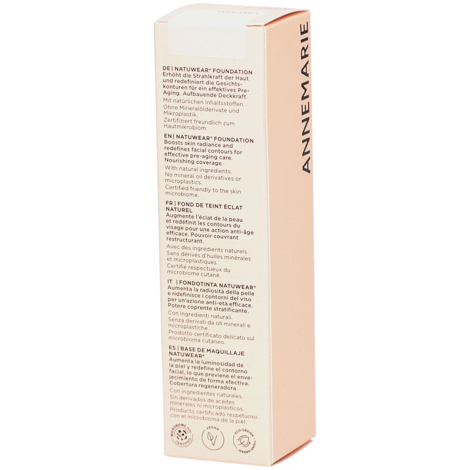 Achterkant van de verpakking van ANNEMARIE BÖRLIND Natuwear Foundation. Tekst in het Duits, Engels, Frans, Italiaans en Spaans.