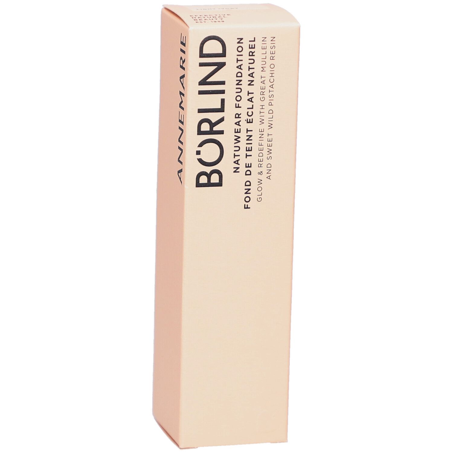 Verpakking van ANNEMARIE BÖRLIND Natuwear Foundation. Tekst: ANNEMARIE BÖRLIND, Natuwear Foundation, Fond de Teint Eclat Naturel. Kleur: Light Ivory.