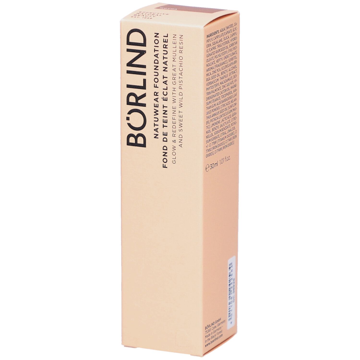 Fond de teint Natuwear ANNEMARIE BÖRLIND. Boîte beige avec informations produit. Vue verticale.