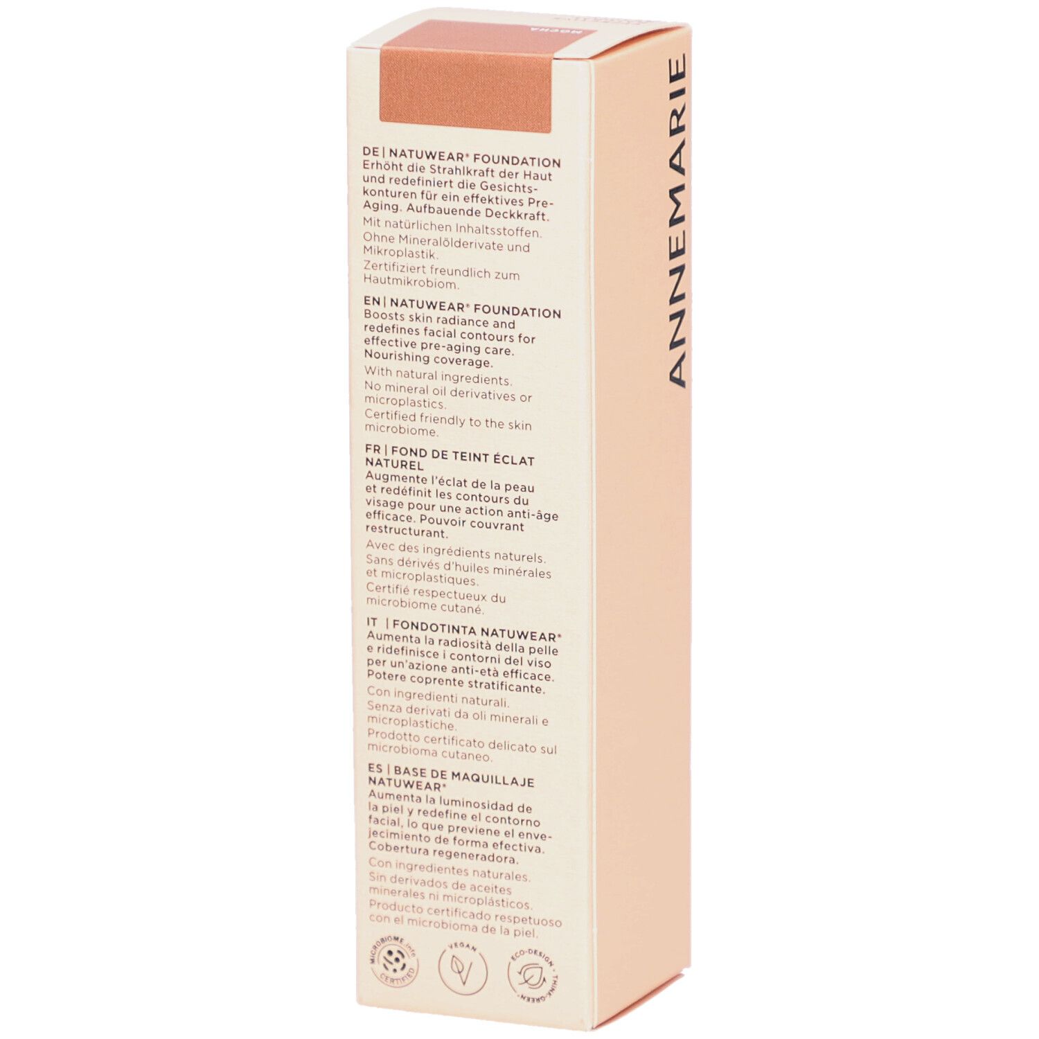Fond de teint Natuwear ANNEMARIE BÖRLIND. Dos de l'emballage. Texte multilingue.