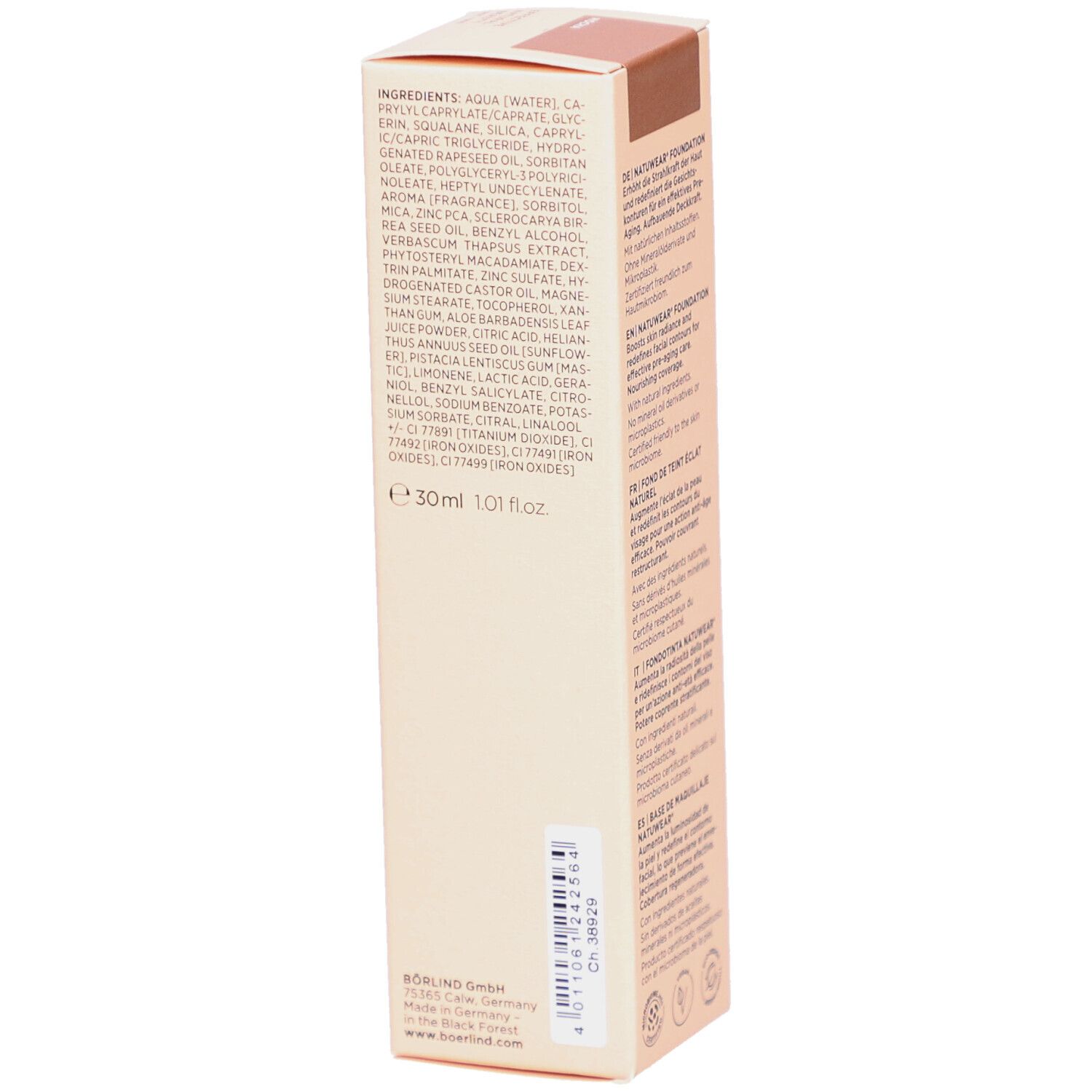 Fond de teint Natuwear ANNEMARIE BÖRLIND. Emballage avec ingrédients et volume.