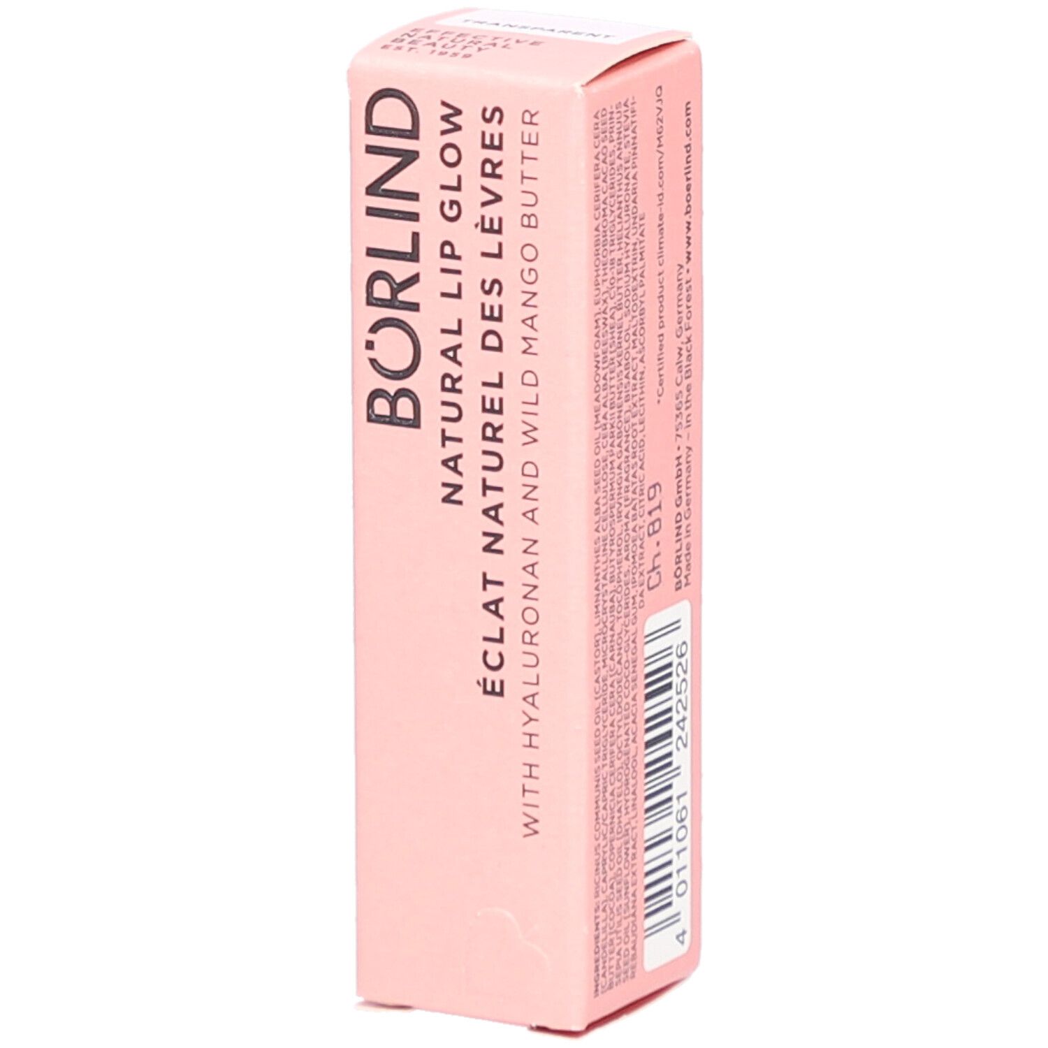 Roze verpakking met productinformatie. Opschrift: BÖRLIND NATURAL LIP GLOW. Bevat hyaluron en mangoboter. Met barcode.