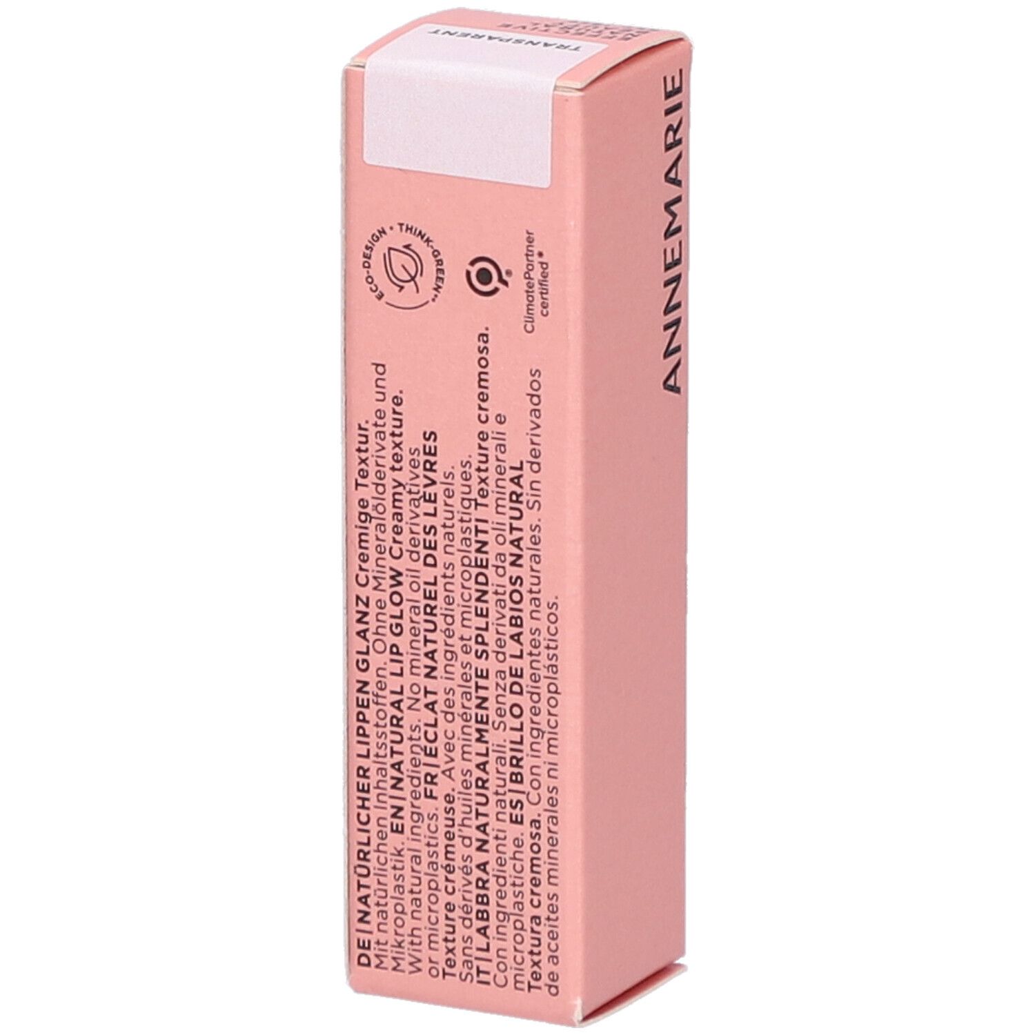Roze verpakking met tekst. Opschrift: ANNEMARIE. Textuur: Romig. Certificeringen: Eco Design, ClimatePartner.