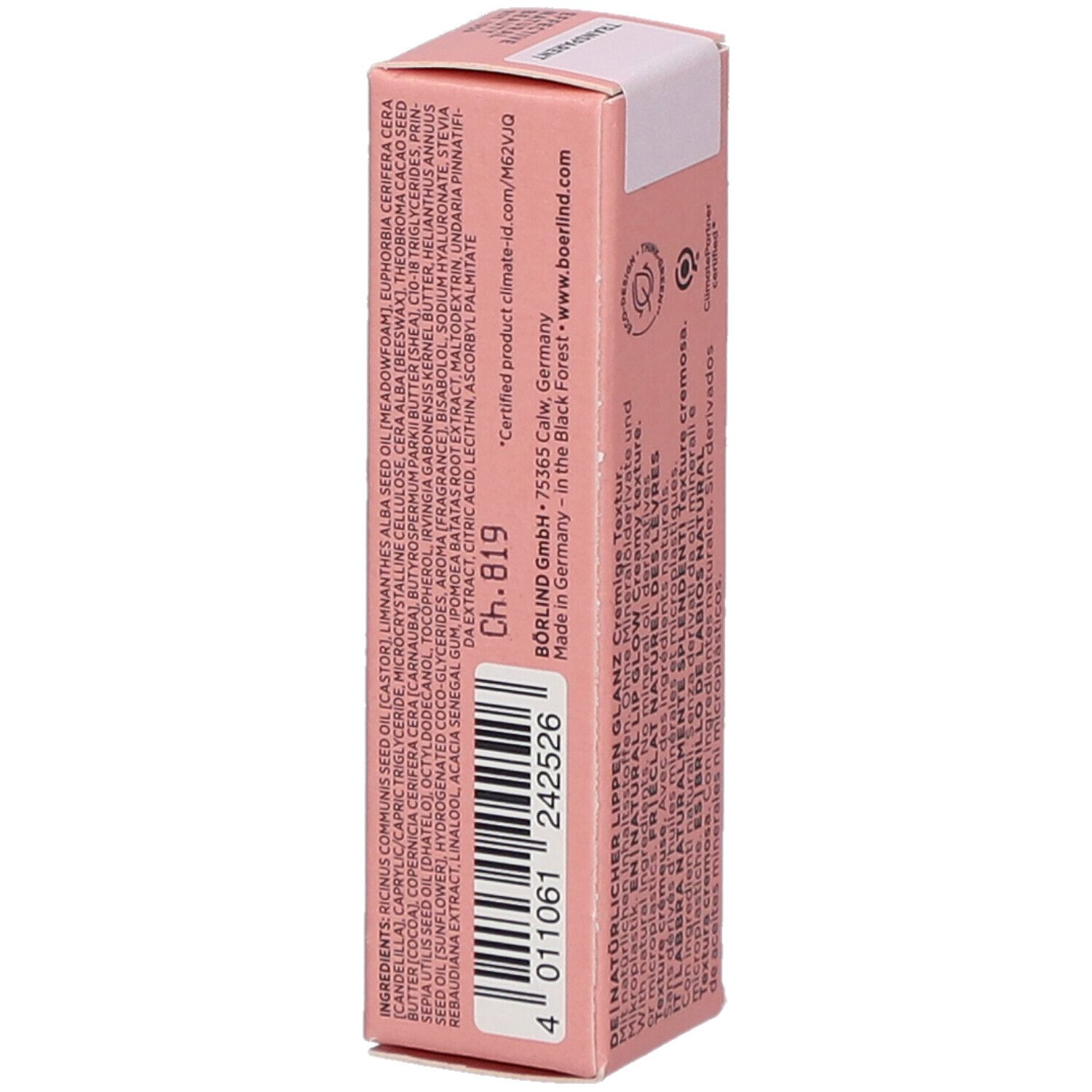 Roze verpakking met ingrediënten en informatie. Opschrift: BÖRLIND. Made in Germany. Barcode.